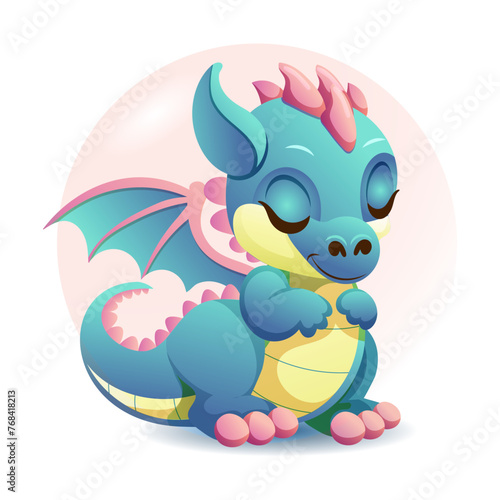 Handdrawn green blue cute baby dinosaur cartoon dino or baby dragon with wings dreaming with his eyes closed on white background. Isolated design element. Vector illustration