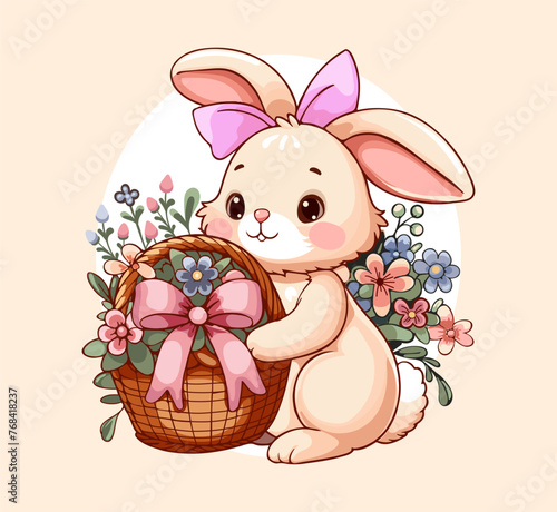 Cute Easter bunny with a basket of flowers and  pink bow. Cartoon drawing for greeting card, poster, postcard, birthday, easter. Vector illustration. 