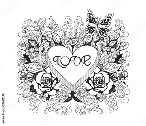 Drawing of a heart with the word Love written on it decorated with flowers and butterflies. Black and white outline graphic. Vector  illustration
