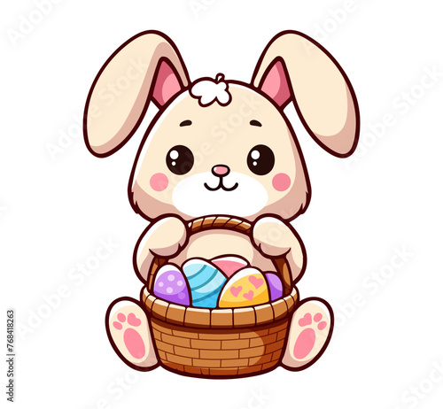 Easter bunny rabbit with basket of easter eggs. Sticker design greeting card, postcard, easter. Isolated design element on white background. Vector illustration. 