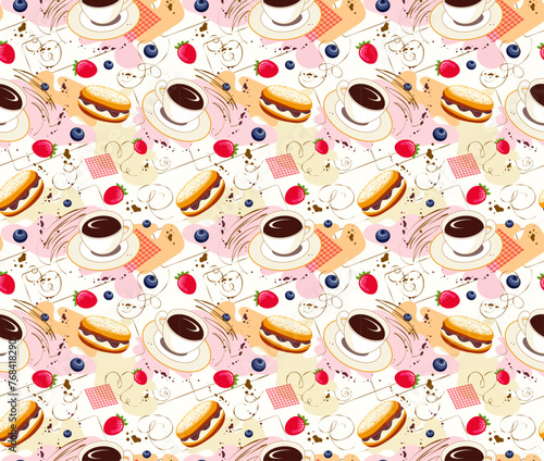 Seamless pattern of pastry and drink items. Coffee cup, donut, eclair and strawberry on white background. Design wallpaper, packaging, wrapping paper, textiles, fabric, menu, birthday party, bakery.
