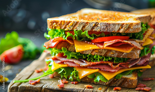 Tasty sandwich with ham or bacon cheese tomatoes lettuce and grain bread delicious club sandwich, Generative AI