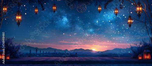 Arabic style border and lanterns on a realistic night view background for Ramadan Kareem.