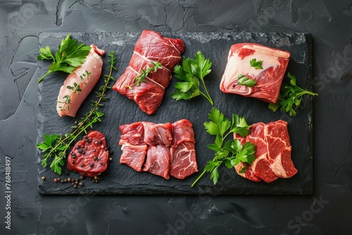 Various cuts of raw meat arranged on a slate board with fresh parsley sprigs