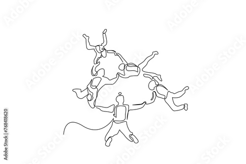 parachute jump in the air people sport team together lifestyle one line art design vector