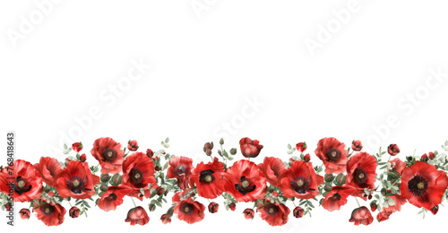 Anzac Day memorial celebrations. Remembrance day card, banner. Vibrant red poppies on blank white background. Template, space for text.  © Maroubra Lab