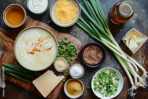 A wooden table is laid with bowls of various foods, creating a delicious and inviting spread