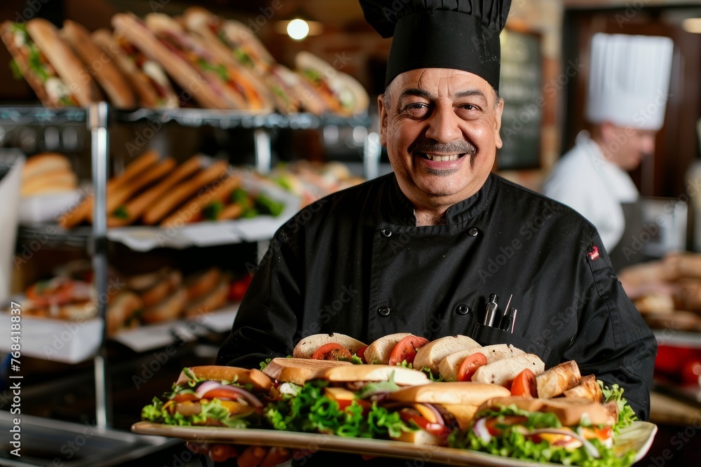 A man wearing a chefs hat holds a tray of sandwiches in a front-facing shot