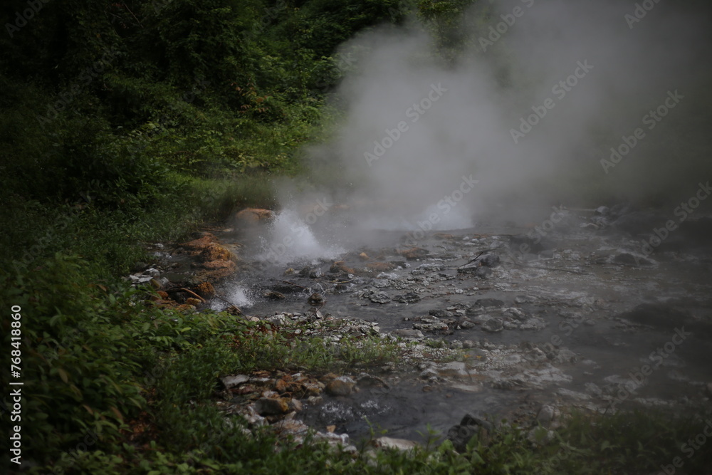 Selective focus: A natural hot spring in a mountain forest in winter with steam from the heat. There is space for text.