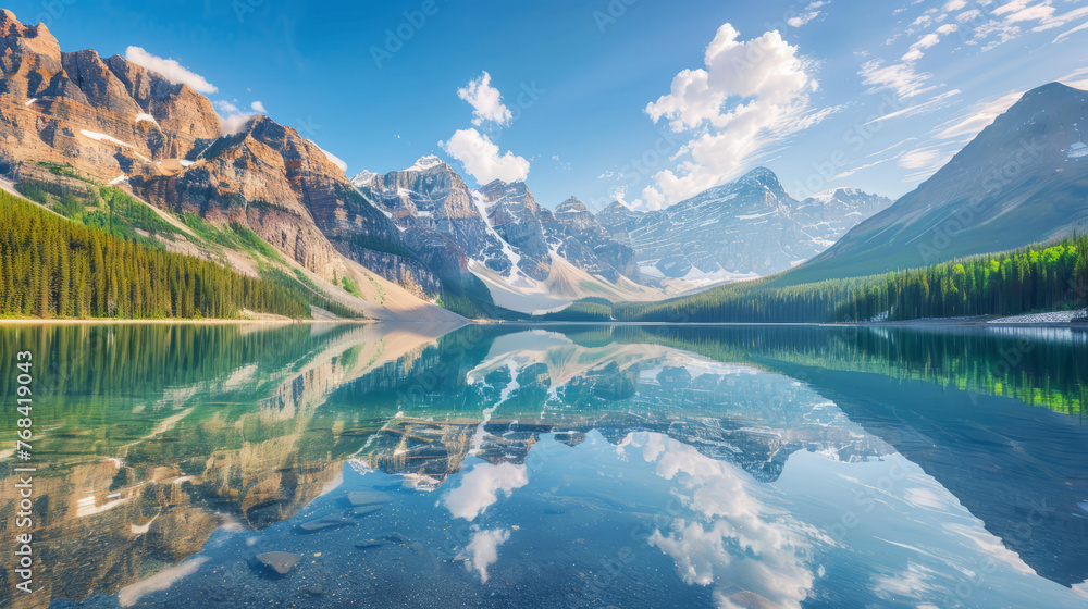 Majestic mountain peaks with snow and a serene crystal clear lake reflecting the grandeur of nature