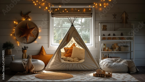 A cozy children's room with fairy lights, white walls and a small tent in the center which has an orange star-shaped pillow. The background features shelves decorated with wooden toys. Created with Ai