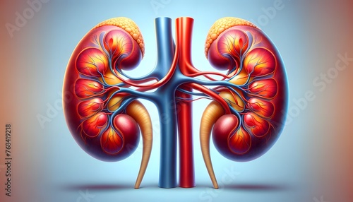 anatomically stylized illustration of human kidneys against a soft blue background, emphasizing the organ’s structure and vasculature with vibrant colors. 3d illustration.