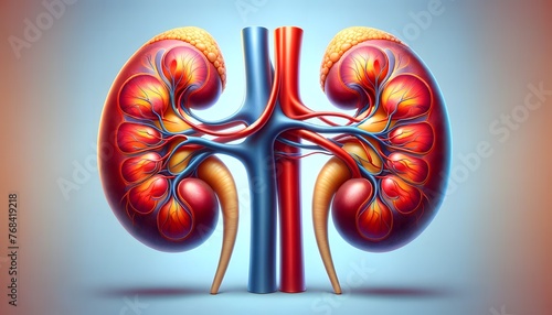 anatomically stylized illustration of human kidneys against a soft blue background, emphasizing the organ’s structure and vasculature with vibrant colors. 3d illustration. photo