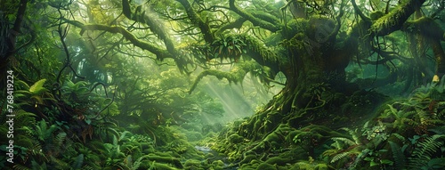 A lush green forest with a giant tree and ferns  perfect for a summer escape Generative AI