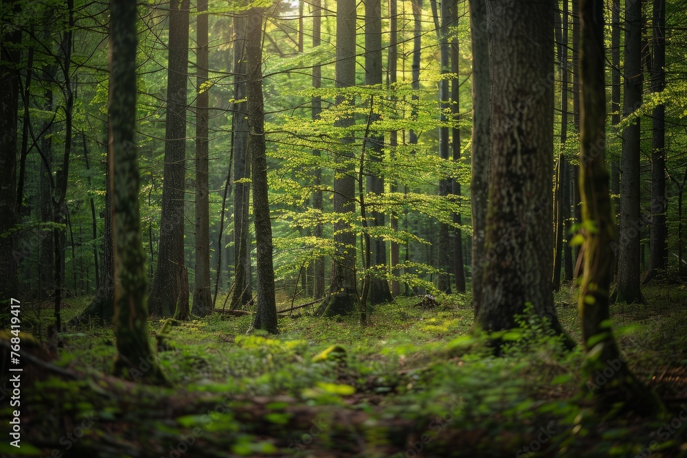 The sun shines through the canopy of trees in the forest, casting dappled light on the ground