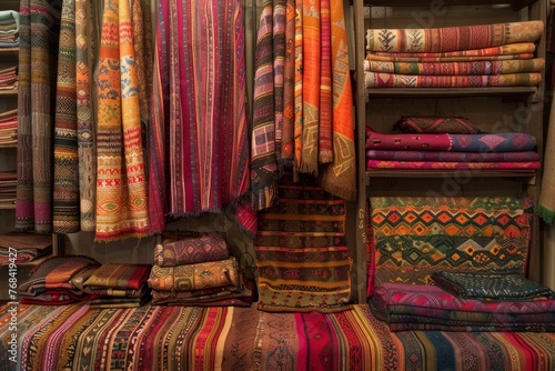 A room filled with vibrant and colorful fabrics stacked neatly, creating a lively and eye-catching display