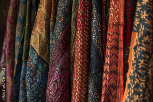 Display of various vibrant textiles and fabrics hanging on a wall