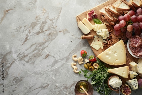 An overhead shot of a platter featuring a variety of cheeses, cured meats, and assorted nuts