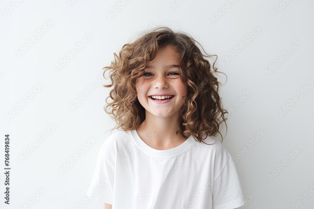 Portrait of a smiling little girl with curly hair isolated on white background Portrait of a smiling little girl with curly hair isolated on white background
