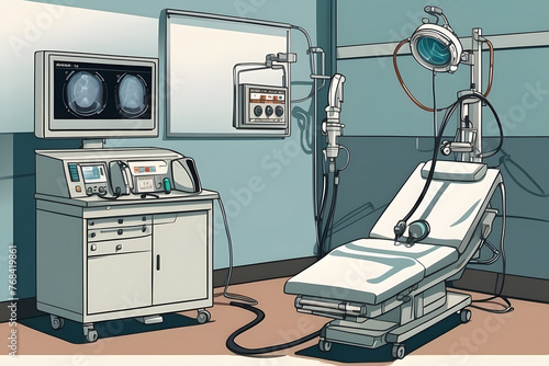 Endoscope equipment used in medicine, surgical room in hospital design, set of medical instruments 
