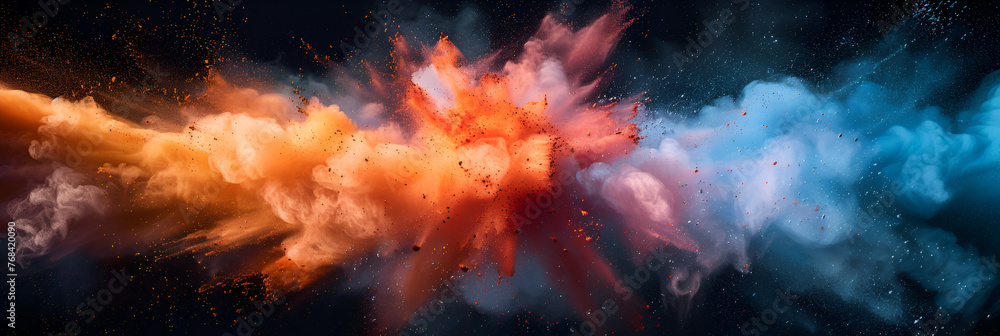 Wide web banner design of abstract powder dust explosion over black background. generative ai 
