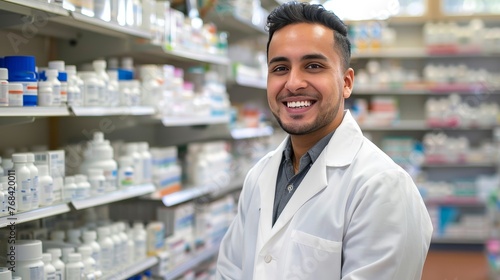 A pharmacist in a white lab coat smiling and posing confidently with shelves of medicine in the background