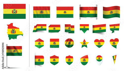 set of Bolivia flag, flat Icon set vector illustration. collection of national symbols on various objects and state signs. flag button, waving, 3d rendering symbols