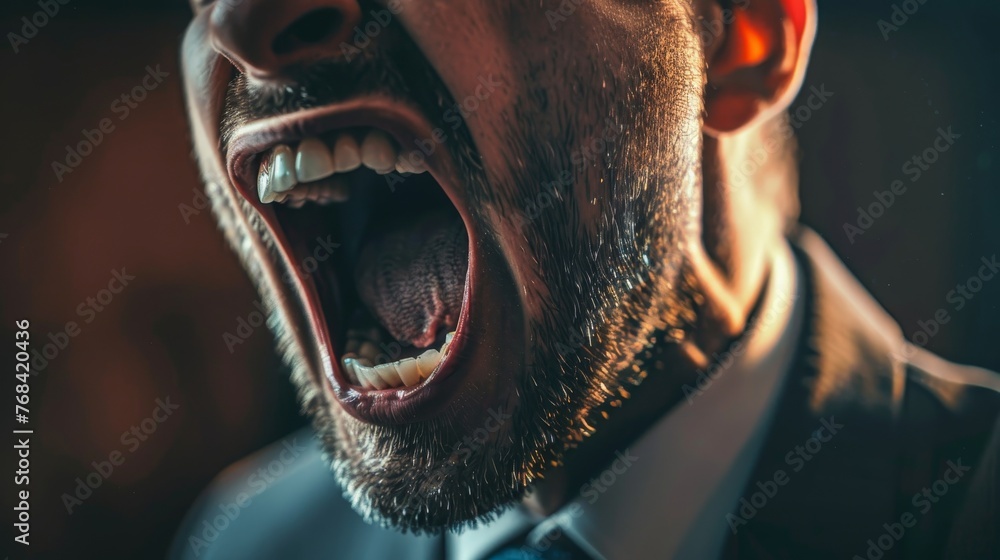 Close-up of a determined politician yelling during a debate veins throbbing with passion - obrazy, fototapety, plakaty 