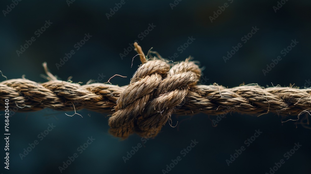 Close-up of a frayed rope barely holding together suspense and danger looming against a stark Close-up of a frayed rope barely holding together suspense and danger looming against a stark