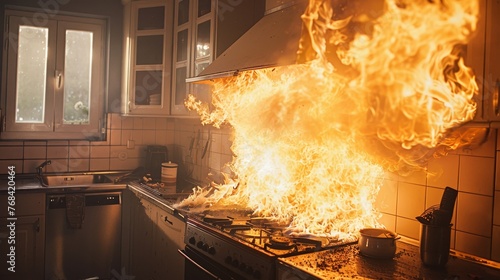 Close-up of a kitchen disaster with fire spreading across the room