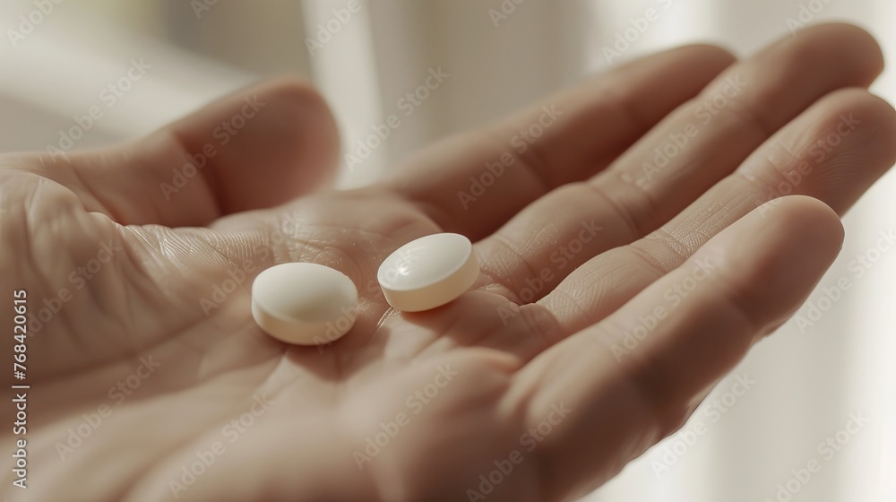 Close-up view of two white pills resting on the palm of an outstretched hand Close-up view of two white pills resting on the palm of an outstretched hand