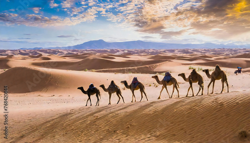 Image material of a camel walking in the desert.