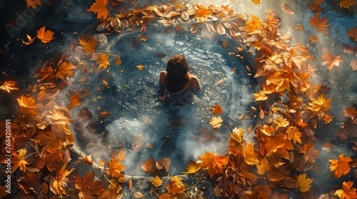 A birdseye view of a person tossing coins into a wishing well surrounded by falling autumn leaves. photo
