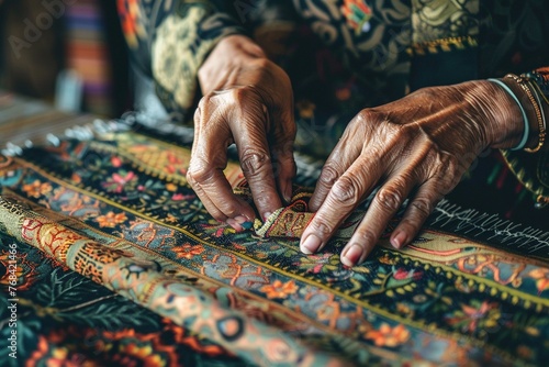 A close-up of a woman's hands crafting intricate textile patterns