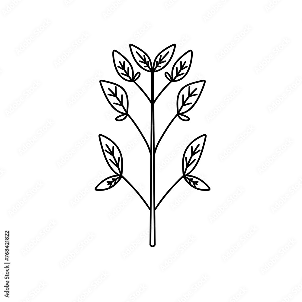 A tree with leaves is drawn in black and white. The tree is thin and has a lot of leaves