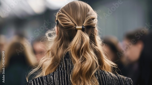 Minimalist long ponytail with metal barreled hair clip.