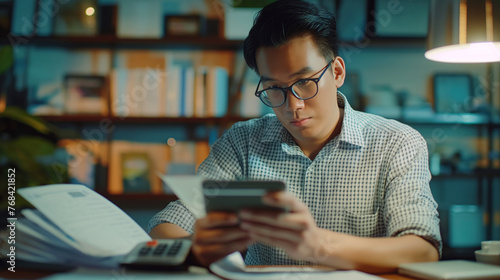 financial, Planning, Marketing and Accounting, portrait of Asian employee checking financial statements using and calculator, tablet computer and smart phone at work. High detailed