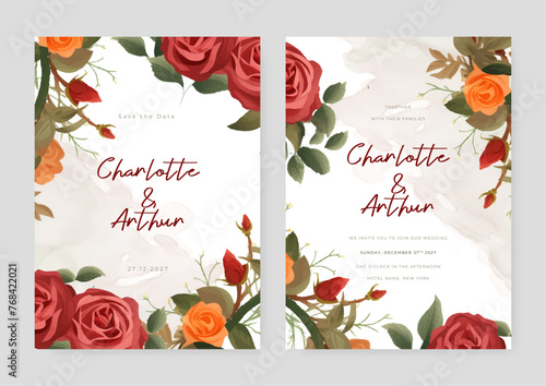 Red and orange rose floral wedding invitation card template set with flowers frame decoration