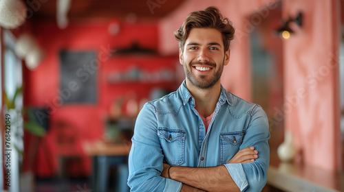 full length Casually handsome. Confident young handsome man in jeans shirt keeping arms crossed and smiling while standing against on Coral color background professional.