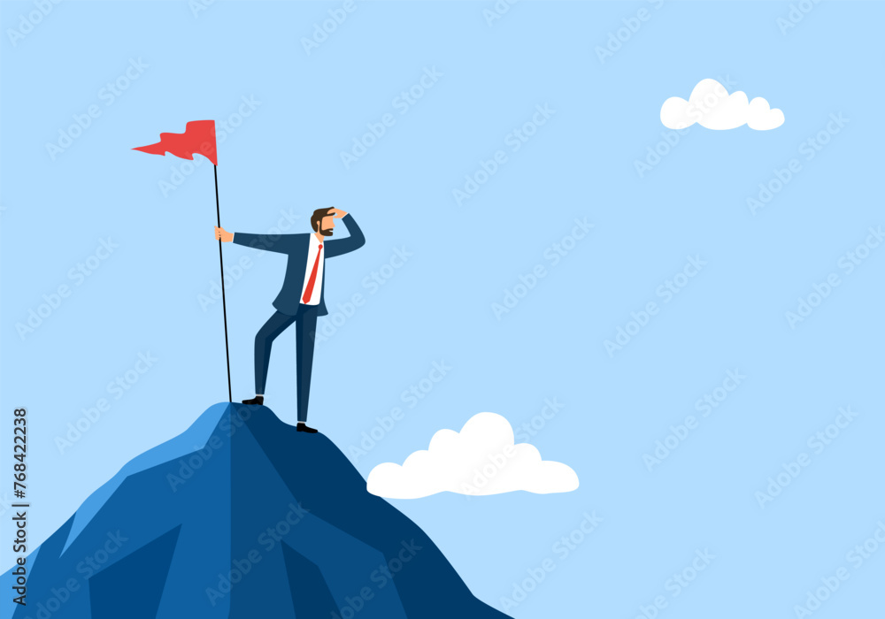 Businessman standing on top of a mountain with a flag and looking to the future. Manager climb the peak and hold the flag. Business success and search opportunities. Businessman standing on top of a mountain with a flag and looking to the future. Manager climb the peak and hold the flag. Business success and search opportunities.