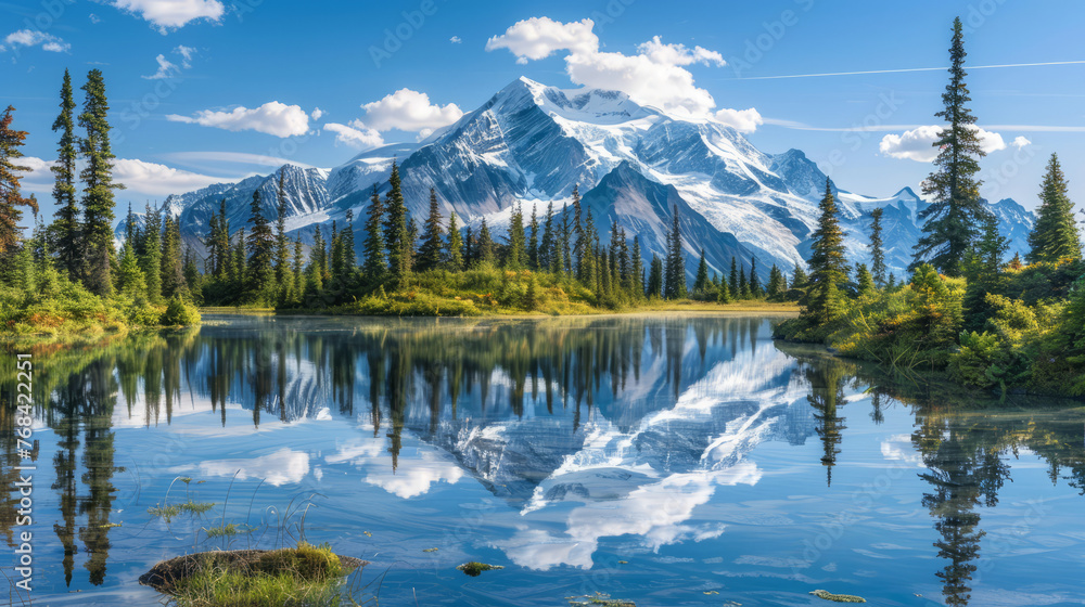 Crystal clear waters of a remote alpine lake mirroring a towering snow-covered mountain peak, surrounded by lush greenery