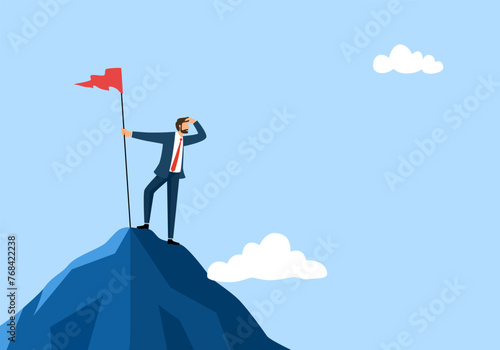 Businessman standing on top of a mountain with a flag and looking to the future. Manager climb the peak and hold the flag. Business success and search opportunities.