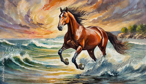 Chestnut horse galloping on shore  fragment of painting