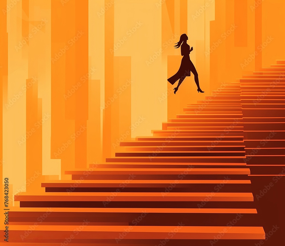 Collage Step and mysterious stair graphic design of businesswoman running and climbing upstairs reach finish success in business and life terms. Generative AI.