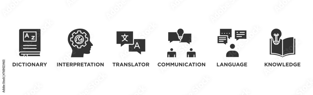 Translation banner web icon illustration concept with icon of dictionary, interpretation, translator, communication, language, and knowledge Translation banner web icon illustration concept with icon of dictionary, interpretation, translator, communication, language, and knowledge