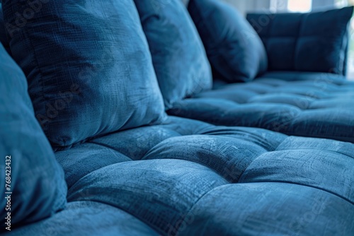A blue couch with pillows on it