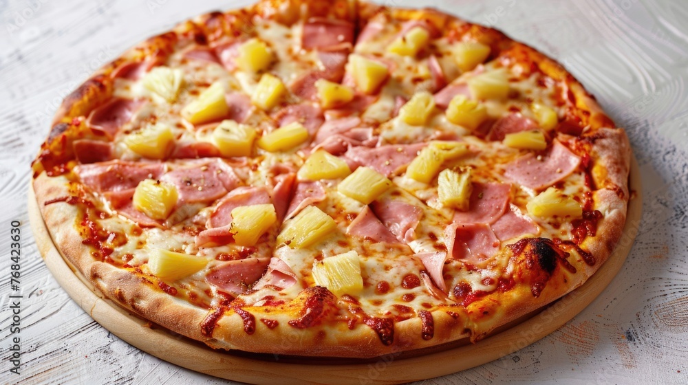 A Hawaiian pizza with ham and pineapple toppings A Hawaiian pizza with ham and pineapple toppings