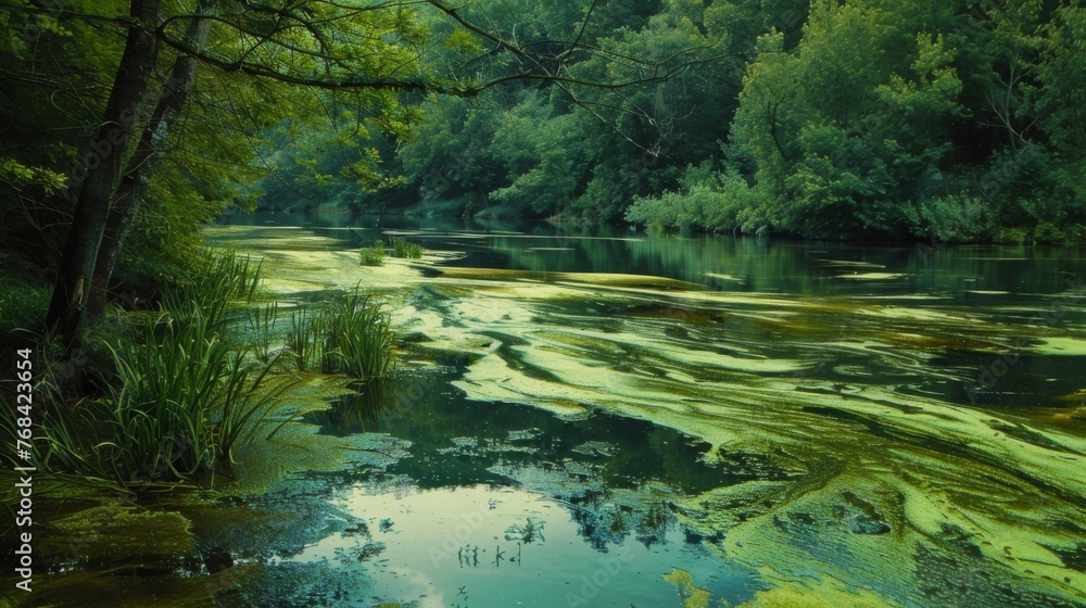 A scenic river landscape with sprawling green algae mats taking over the water creating a sense of eerie stillness. A scenic river landscape with sprawling green algae mats taking over the water creating a sense of eerie stillness.