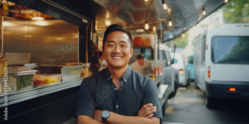 A man is smiling in front of a food truck