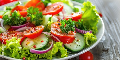 A salad with tomatoes, cucumbers, and lettuce on a white plate